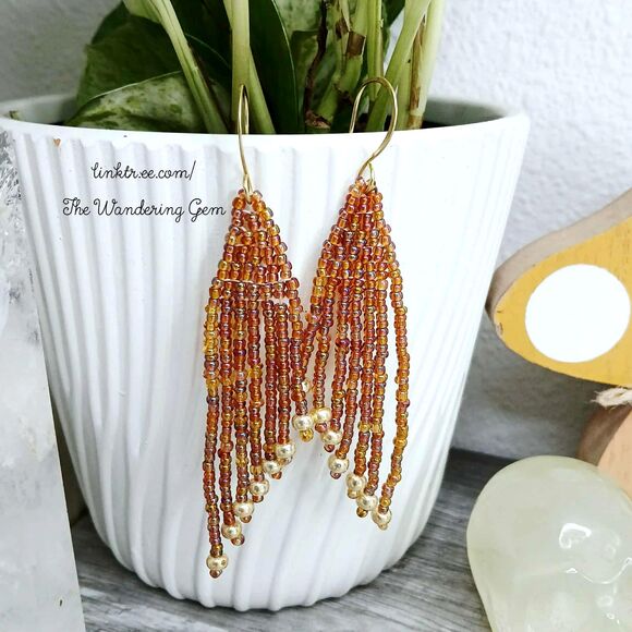 Brown & Gold Beaded Fringe Cascade Shoulder Duster Dangle Earrings, 3.5" - Picture 2 of 7